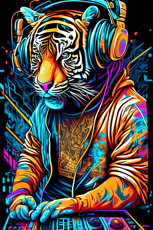  centered, isometric, vector t-shirt art ready to print highly detailed colourful graffiti illustration of a Tiger as DJ, wearing headphones, face is covered by highly detailed, vibrant color, high detail