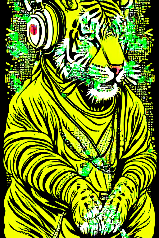  centered, isometric, vector t-shirt art ready to print highly detailed colourful graffiti illustration of a Tiger as DJ, wearing headphones, face is covered by highly detailed, vibrant color, high detail