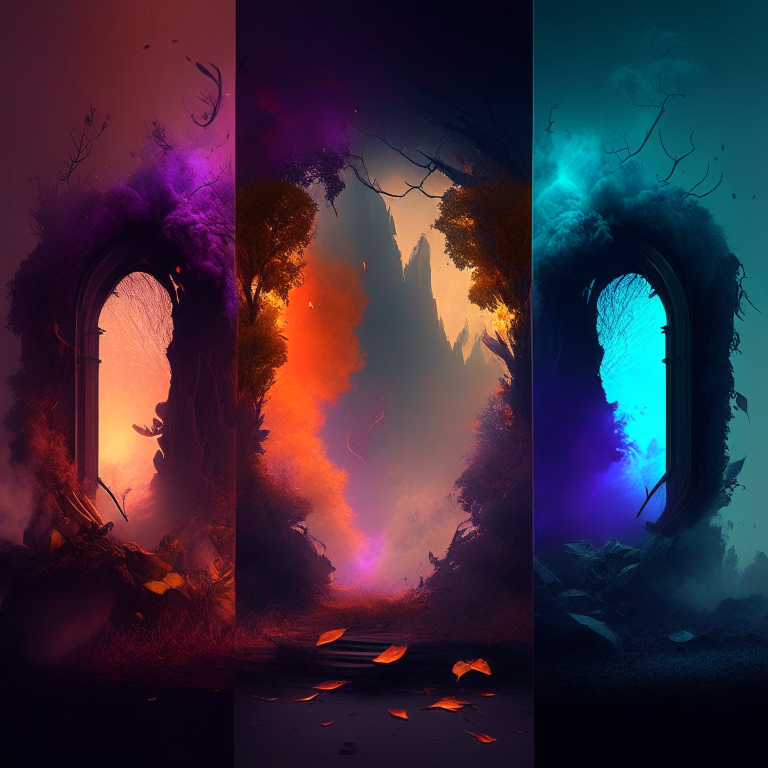 various coloured nether portals,  smoke, and Julia Roberts. various coloured nether portals,  smoke, foliage