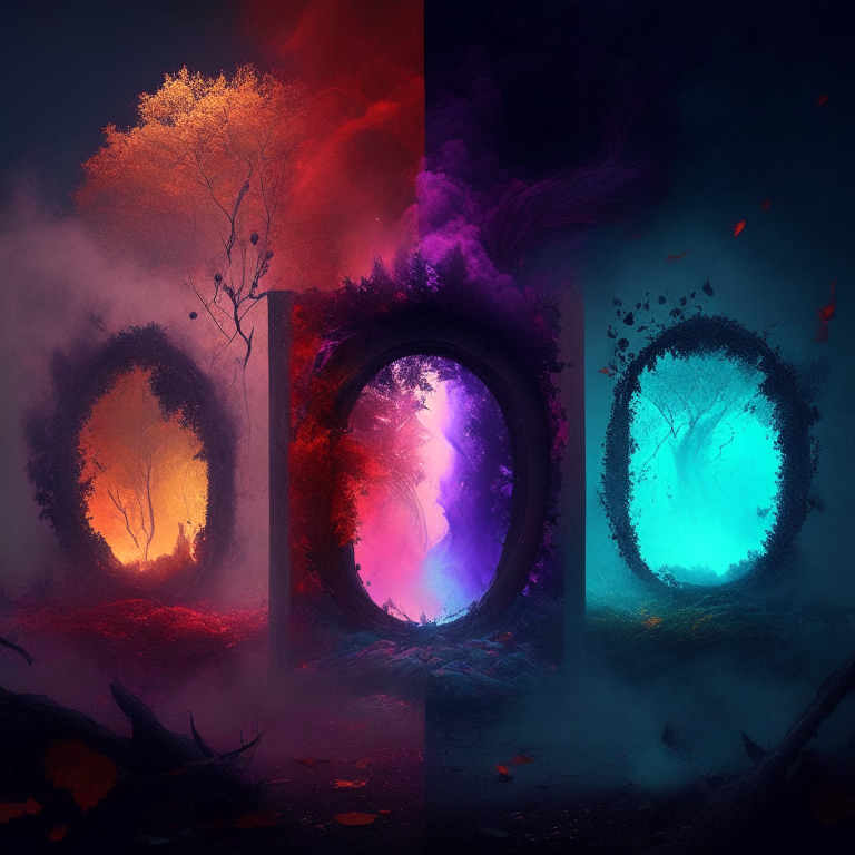 various coloured nether portals,  smoke, foliage