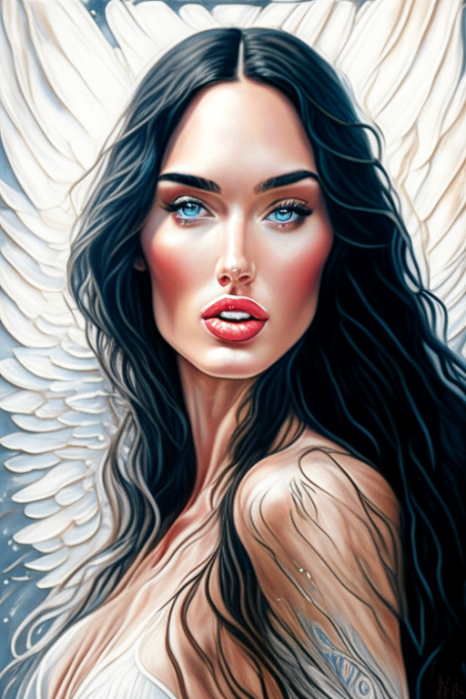 A beautiful white angel like Megan Fox without wings spraying a perfume 