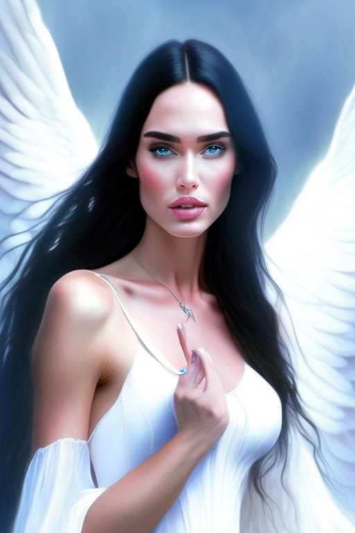 A medium height, white and beautiful angel similar to Megan Fox who has no wings and holds a perfume in her hand. She sprays the perfume in her hand on her neck and removes the angel, adding an in-between creature with wings. She sprays the perfume in her hand on her neck and remove the angel, add an in-between creature with wings