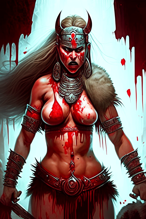 Generate a one of a kind gory filled with blood artwork of a voluptuous filled female viking warrior , wearing skimpy fur, fighting Raja Chola of the Chola Empire in a futuristic world sometime in the year 3025. 