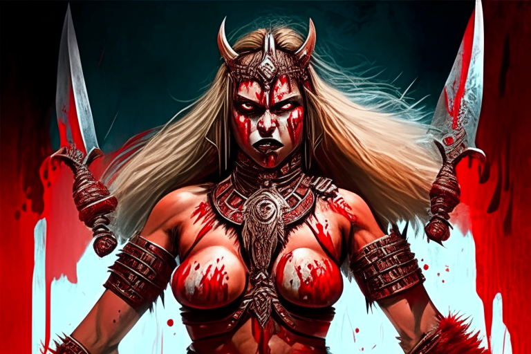Generate a one of a kind gory filled with blood artwork of a voluptuous female viking warrior, wearing skimpy fur fighting emperor Raja Chola of the Chola Empire in a futuristic world sometime in the year 3025. 