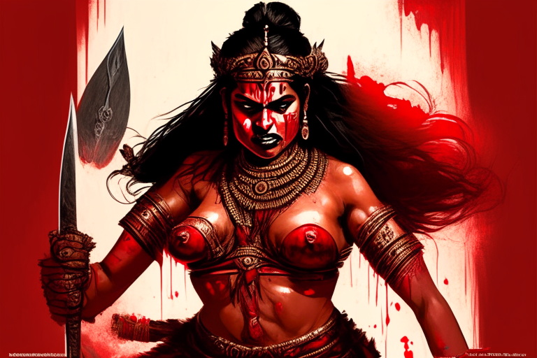 Generate a one of a kind gory filled with blood artwork of a voluptuous female Chola warrior, wearing skimpy fur fighting emperor Raja Chola of the Chola Empire. 