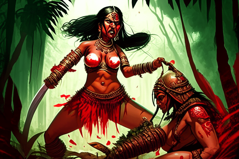 Generate a one of a kind gory filled with blood war scene artwork of a voluptuous female Chola warrior, wearing skimpy reveling outfit fighting a Srivijaya female warrior with skimpy outfit in the jungles of Jawa in 1269.