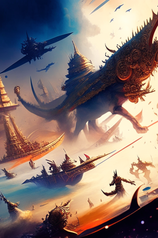 A futuristic war scene of the great Mahabharata epic battle based on the Hindu literature with flying battleships and modern armoury, highlighted is the battle between Arjuna and Karna with the rest fighting at the background. 