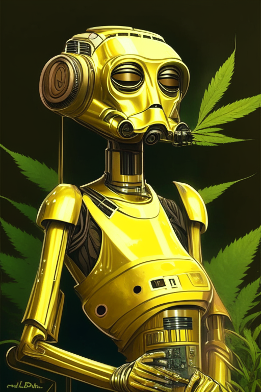 Generate a star wars version artwork of their character C3PO as a voluptuous female cannabis connoisseur. 