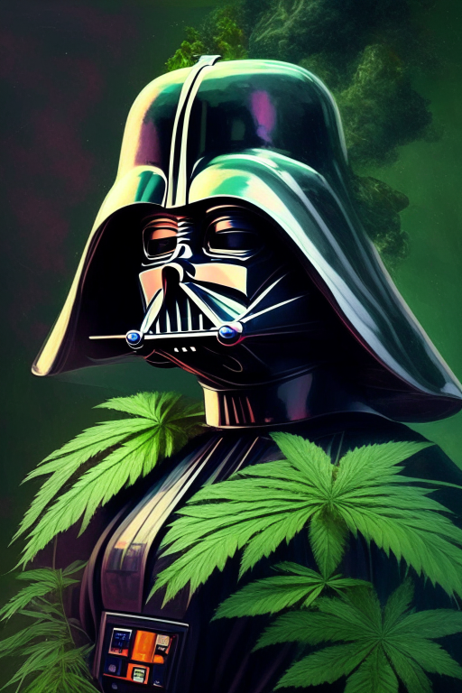 Generate a star wars version artwork of their character Darth Vader as a voluptuous female cannabis connoisseur. 