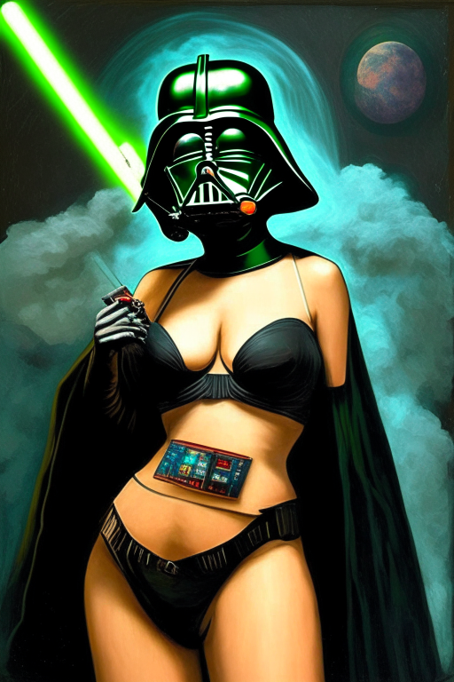 Generate a Van Gough's star wars version artwork of a voluptuous female smoking ganja in skimpy outfit in Darth Vader character. 