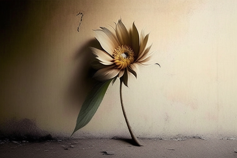 una flor a la izquierda de la imagen, en una pared marrón