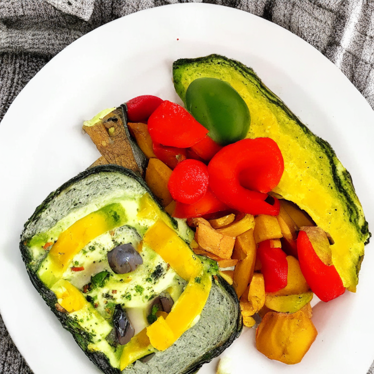 An air fryer veggie omelette with mushrooms, bell peppers, and onions, served with a side of toast and avocado