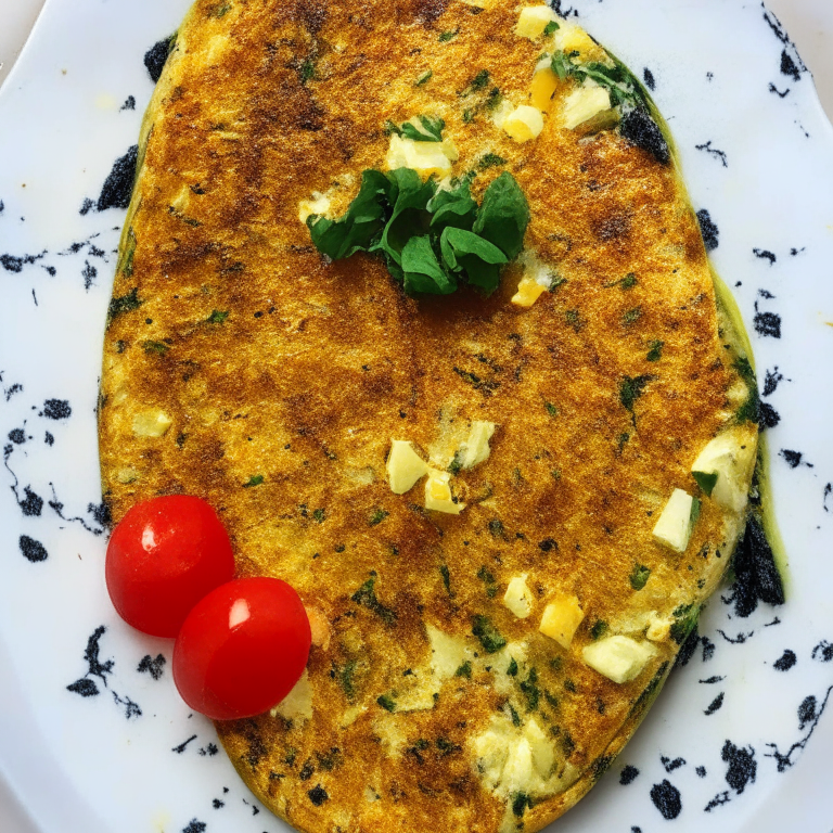 A veggie omelette with 4 large eggs, diced bell peppers, diced onions, diced tomatoes, chopped spinach, salt and pepper to taste, and served with a side of toast