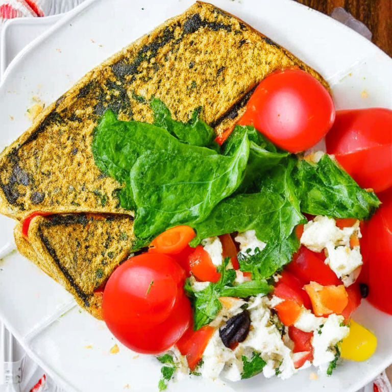 A veggie air fryer omelette with 4 large eggs, diced bell peppers, diced onions, diced tomatoes, chopped spinach, salt and pepper to taste, and served with a side of toast. The omelette is cooked in an air fryer and garnished with fresh herbs.