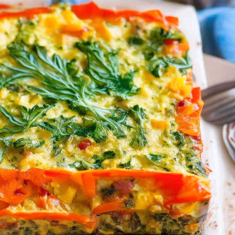 Air Fryer Breakfast Casserole with diced bell peppers, onions, tomatoes, spinach, and low-fat cheddar cheese, served warm and garnished with chopped herbs