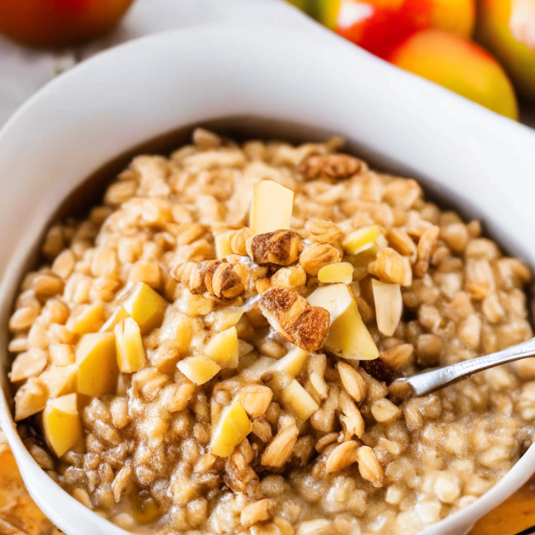 Air Fryer Cinnamon Apple Oatmeal with tender apples, cinnamon-spiced oats, and chopped nuts, served warm and drizzled with honey