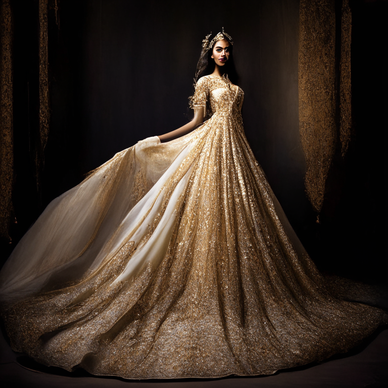  a stunning princess is captured in all her regal splendor. She stands tall and poised, exuding an air of grace and elegance. Her flowing gown, crafted from the finest fabrics, drapes around her like a cascade of silk and satin. The dress is adorned with intricate lacework, delicate embroidery, and shimmering sequins that catch the light, adding a touch of enchantment.

The princess's silhouette is accentuated by a fitted bodice that cinches at the waist, accentuating her hourglass figure. The neckline is adorned with intricate beading and a delicate sweetheart or jewel-shaped design, drawing attention to her graceful décolletage. The gown gently skims the floor, sweeping behind her as she moves with effortless poise.

Her long, lustrous hair cascades down her back in loose waves or elaborate updos, framing her face like a crown of flowing locks. It may be adorned with delicate flowers, sparkling hairpins, or a bejeweled tiara, enhancing her royal allure. Her flawless complexion radiates a soft, natural glow, and her captivating eyes sparkle with a mixture of intelligence, kindness, and a hint of mystery