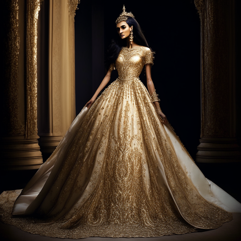  a stunning princess is captured in all her regal splendor. She stands tall and poised, exuding an air of grace and elegance. Her flowing gown, crafted from the finest fabrics, drapes around her like a cascade of silk and satin. The dress is adorned with intricate lacework, delicate embroidery, and shimmering sequins that catch the light, adding a touch of enchantment.

The princess's silhouette is accentuated by a fitted bodice that cinches at the waist, accentuating her hourglass figure. The neckline is adorned with intricate beading and a delicate sweetheart or jewel-shaped design, drawing attention to her graceful décolletage. The gown gently skims the floor, sweeping behind her as she moves with effortless poise.

Her long, lustrous hair cascades down her back in loose waves or elaborate updos, framing her face like a crown of flowing locks. It may be adorned with delicate flowers, sparkling hairpins, or a bejeweled tiara, enhancing her royal allure. 