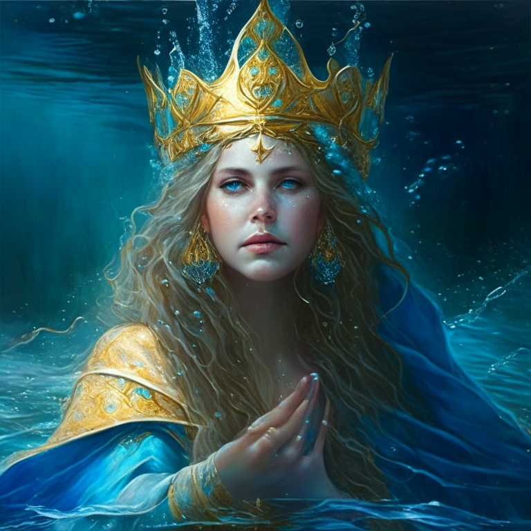 Queen of the seas, a beautiful woman with a charming face, a young woman, in a blue cloak and a golden crown on her head, and in your hands have a water magic, full body, close to reality with a mermaid tail. Add a mermaid tail