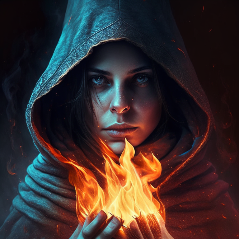 A woman with a hood and this woman is a sorceress, and in your hands has a Fire magic. Add a fly dragon