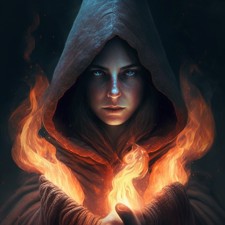 a woman with a hood and this woman is a sorceress, and in your hands have a Fire magic.