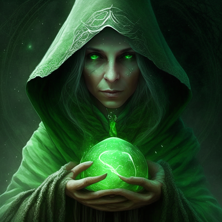 a woman with a greeen hood and this woman is a sorceress, and in your hands have a earth magic.