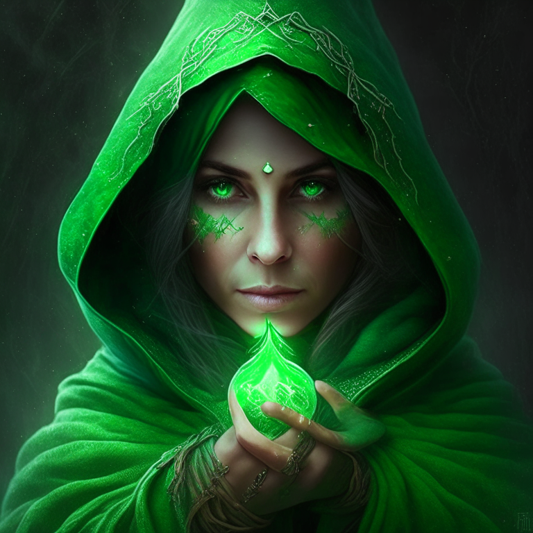a beautiful woman with a green hood and this woman is a sorceress, and in your hands has a earth magic. With cats. add cats