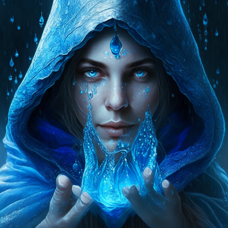 a beautiful woman with a blue hood and this woman is a sorceress, and in your hands have a water magic.