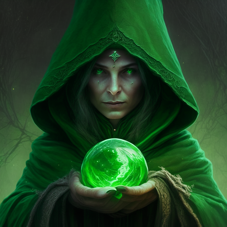 a woman with a green hood and this woman is a sorceress, and in your hands have a earth magic.