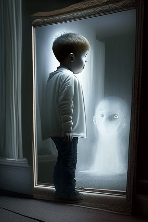A small boy in mirror come outside and turn into ghost 