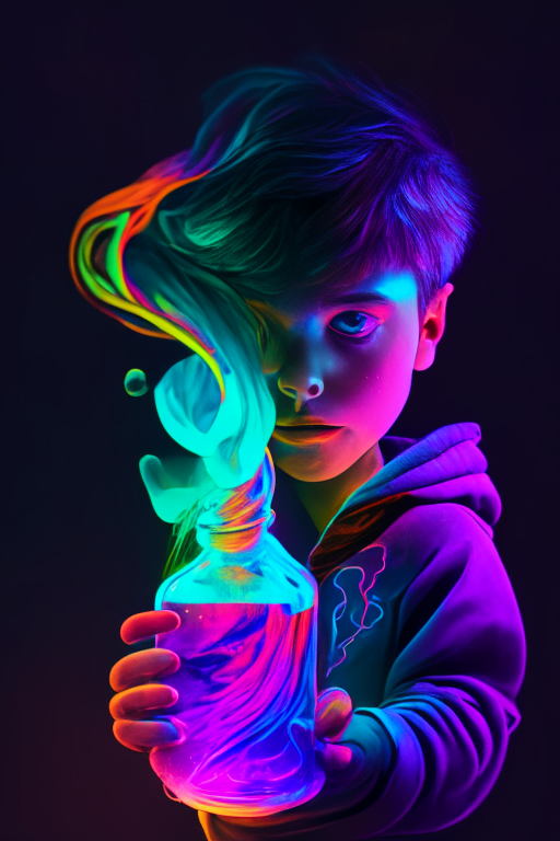 a boy holding swirling multicolored neon potion, 8k : 2.0 