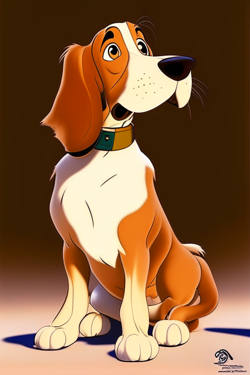 Generate a high-quality Disney-themed image featuring a dog positioned in the center of the frame. The dog should be facing directly toward the camera. The body of the dog should be fully visible and its mouth should be close. Please ensure that the dog's head is slightly larger than the body, capturing the characteristic charm and appeal of classic Disney character designs. The overall image should exude a sense of warmth, wonder, and adventure, staying true to the enchanting spirit of Disney animations. 