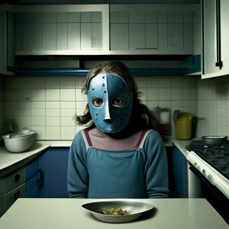 1 masked kidnapper, Polly Klaas 12 year old, no text in image, in the kitchen