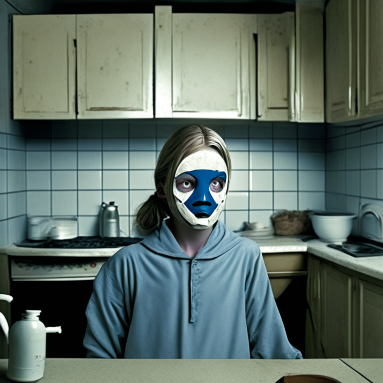 1 masked kidnapper Polly Klaas 12 year old, no text in image, in the kitchen