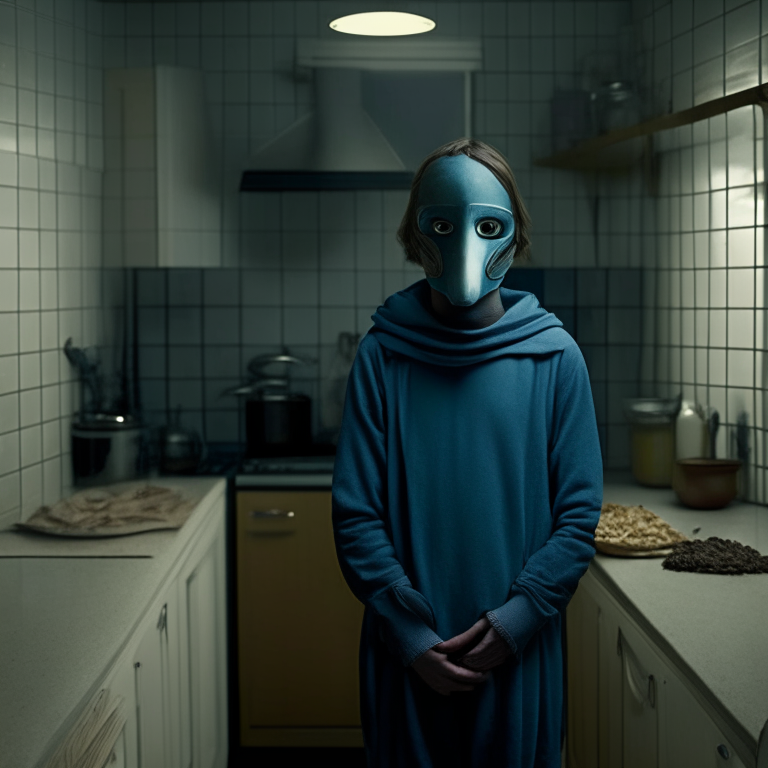 A masked man stands next to him Polly Klaas 12 year old, no text in image, in the kitchen