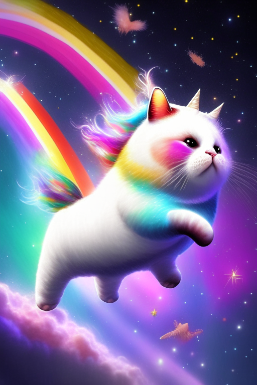 Generate a one of a kind cute and fluffy chubby Unicorn cat flying across the galaxy with rainbow trails. 