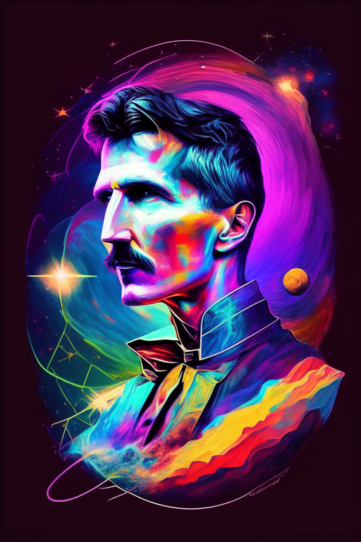 Nikola Tesla in space colourful 
