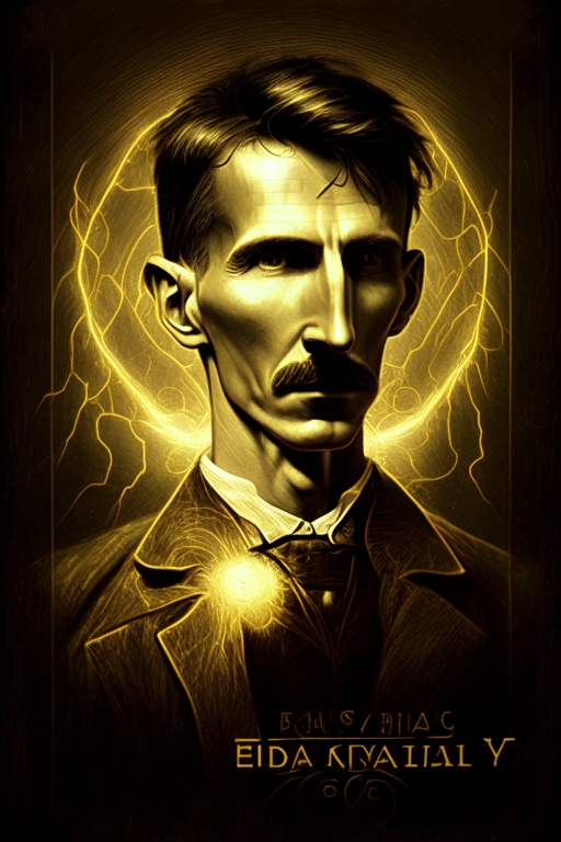 Nikola Tesla as electricity god golden