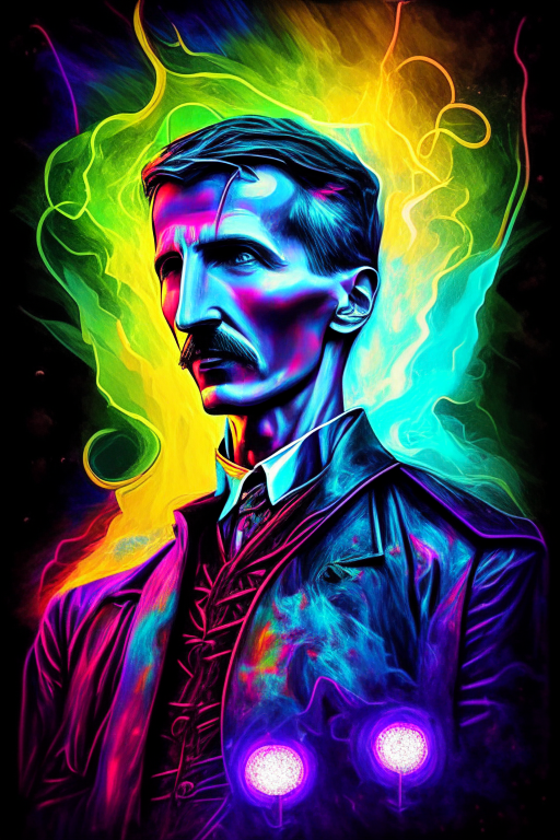 Nikola Tesla as electricity god colourful 