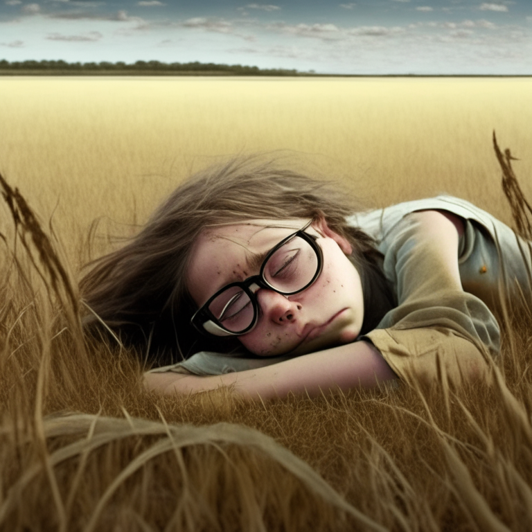 a 10-year-old girl, wearing glasses, lying in a deserted field,