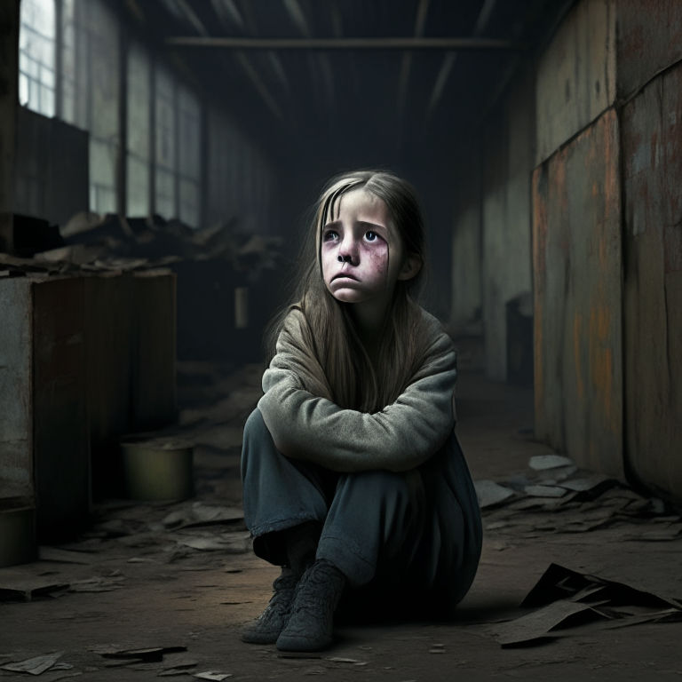 A 10-year-old girl who is sad in the old warehouse