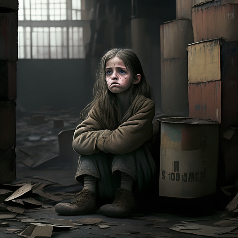 A 10-year-old girl who is sad in the old warehouse