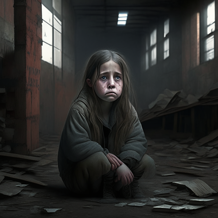 A 10-year-old girl who is sad in the old warehouse