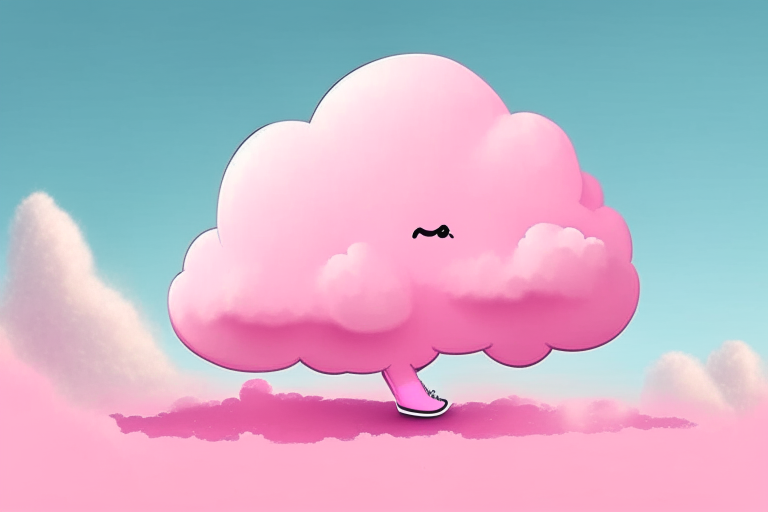 A cartoon pink cloud walking in the sky