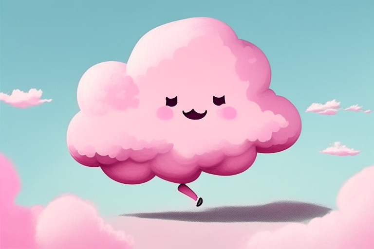 A cartoon pink cloud walking in the sky