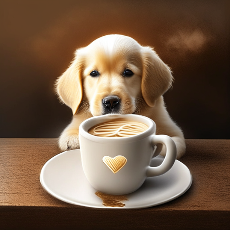 a Golden Retriever puppy drinking a latte with heart-shaped art
