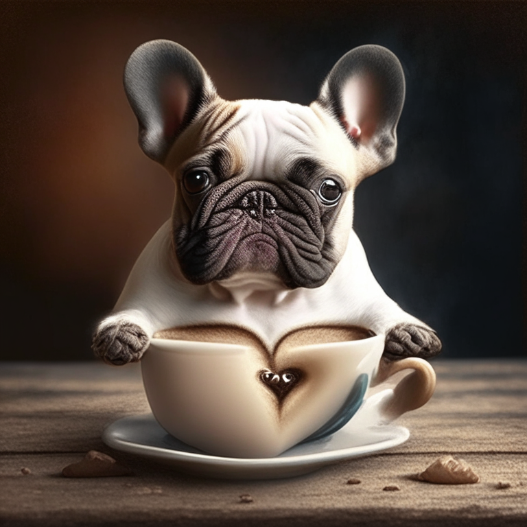 a French Bulldog puppy drinking a latte with heart-shaped art