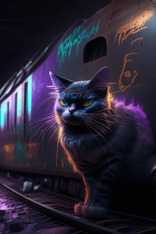 Prompt: graffiti cat spray painting on a train at night highly detailed, cinematic lighting, ultra-detailed, ultrarealistic, photorealism, 8k, octane render, --ar 16:9