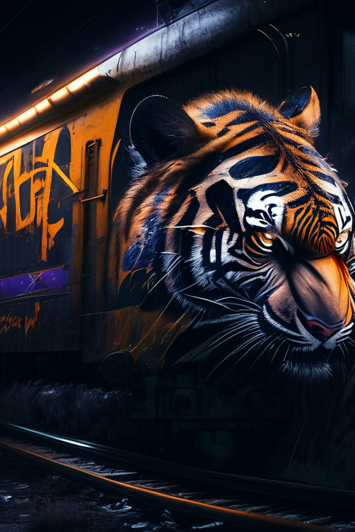 Prompt: graffiti tiger spray painting on a train at night highly detailed, cinematic lighting, ultra-detailed, ultrarealistic, photorealism, 8k, octane render, --ar 16:9