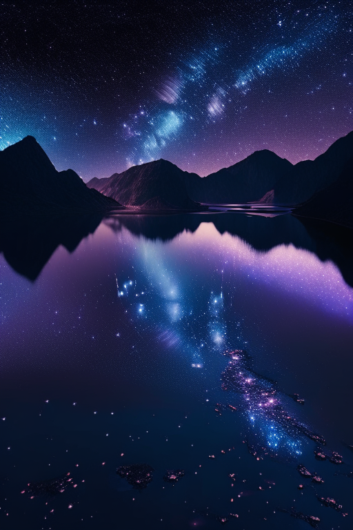 terragen fjord at night with the milky way across the sky, reflected in the smooth waters, synthwave --ar 16:9 --v 5 --q 2 --s 250